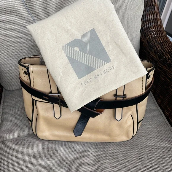 REED KRAKOFF Beige with Black Trimmed Leather "Boxer" Tote Bag. - Picture 16 of 16